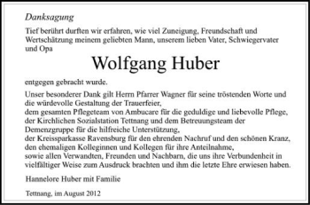 Anzeige von Wolfgang Huber von Schwäbische Zeitung