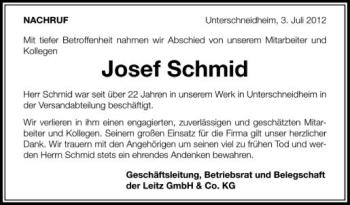 Anzeige von Josef Schmid von Schwäbische Zeitung