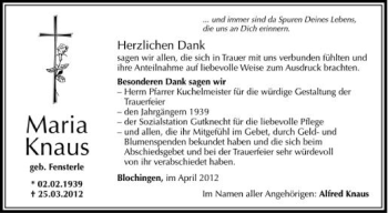 Anzeige von Maria Knaus von Schwäbische Zeitung