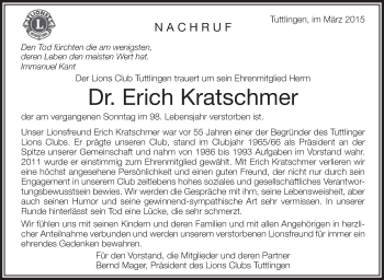 Anzeige von Erich Kratschmer von Schwäbische Zeitung