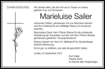 Anzeige von Marieluise Sailer von Schwäbische Zeitung