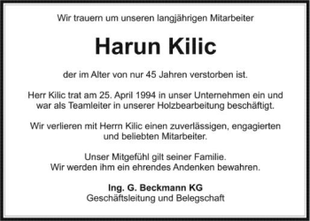 Anzeige von Harun Kilic von Schwäbische Zeitung