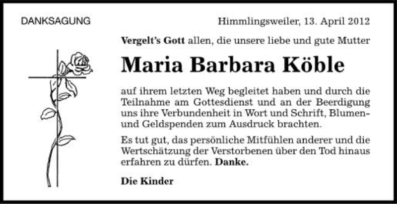  Traueranzeige für Maria Barbara Köble vom 13.04.2012 aus Schwäbische Zeitung