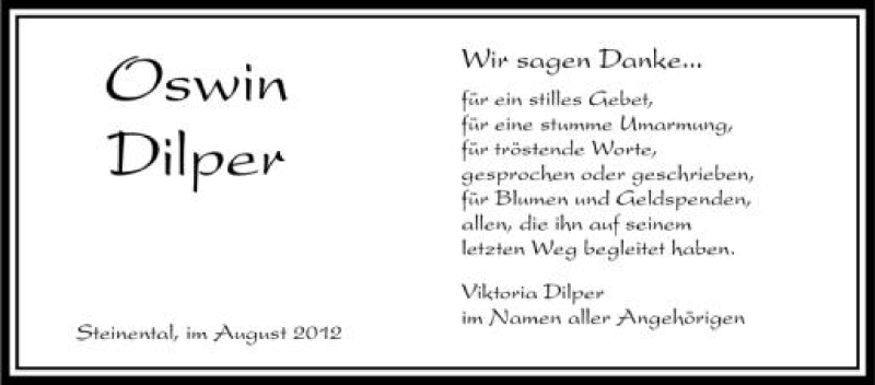  Traueranzeige für Oswin Dilper vom 01.08.2012 aus Schwäbische Zeitung