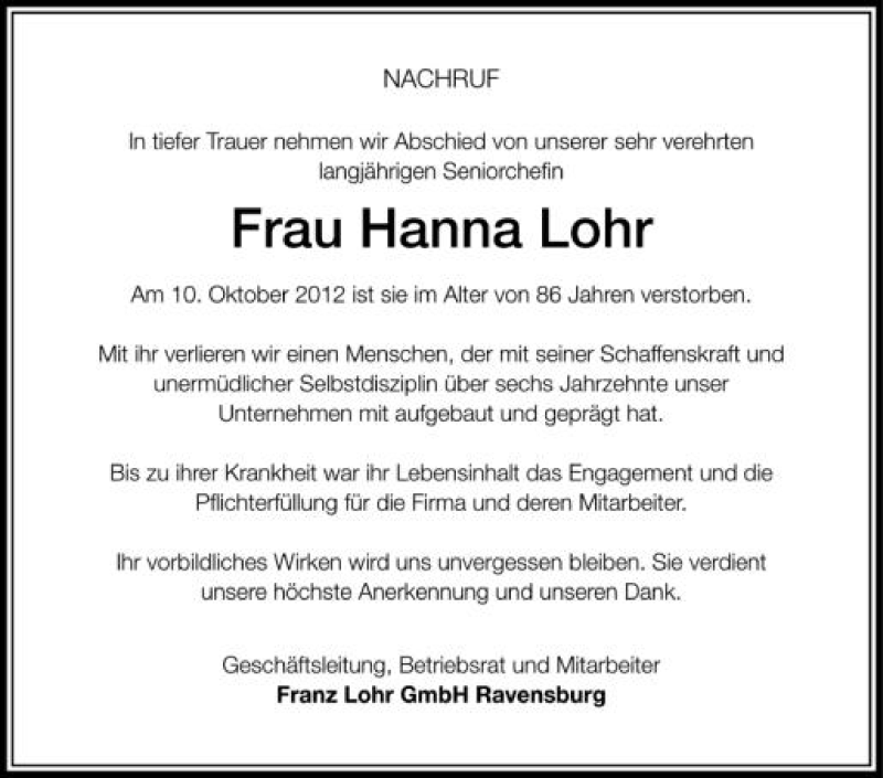  Traueranzeige für Hanna Lohr vom 12.10.2012 aus Schwäbische Zeitung
