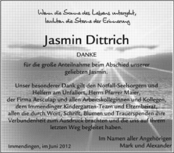 Anzeige von Jasmin Dittrich von Schwäbische Zeitung