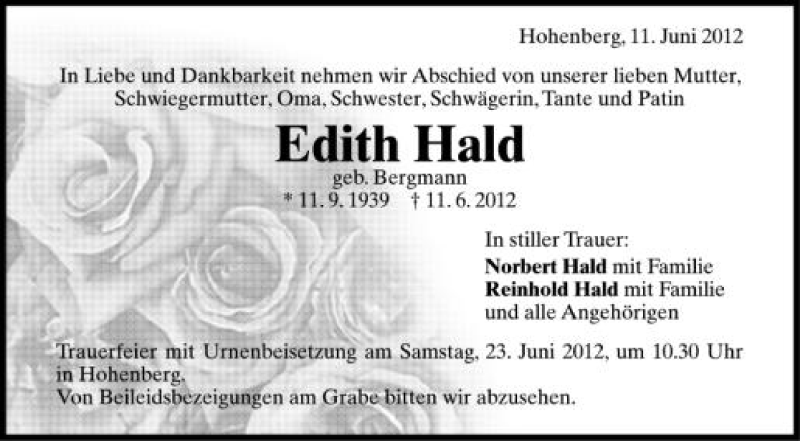  Traueranzeige für Edith Hald vom 21.06.2012 aus Schwäbische Zeitung