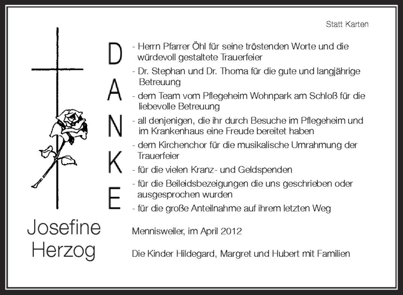  Traueranzeige für Josefine Herzog vom 24.04.2012 aus Schwäbische Zeitung