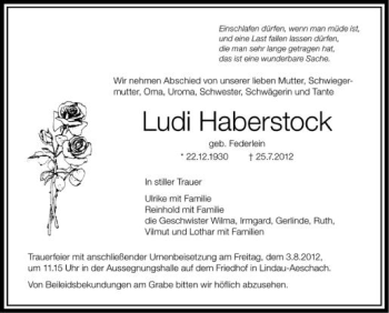 Anzeige von Ludi Haberstock von Schwäbische Zeitung