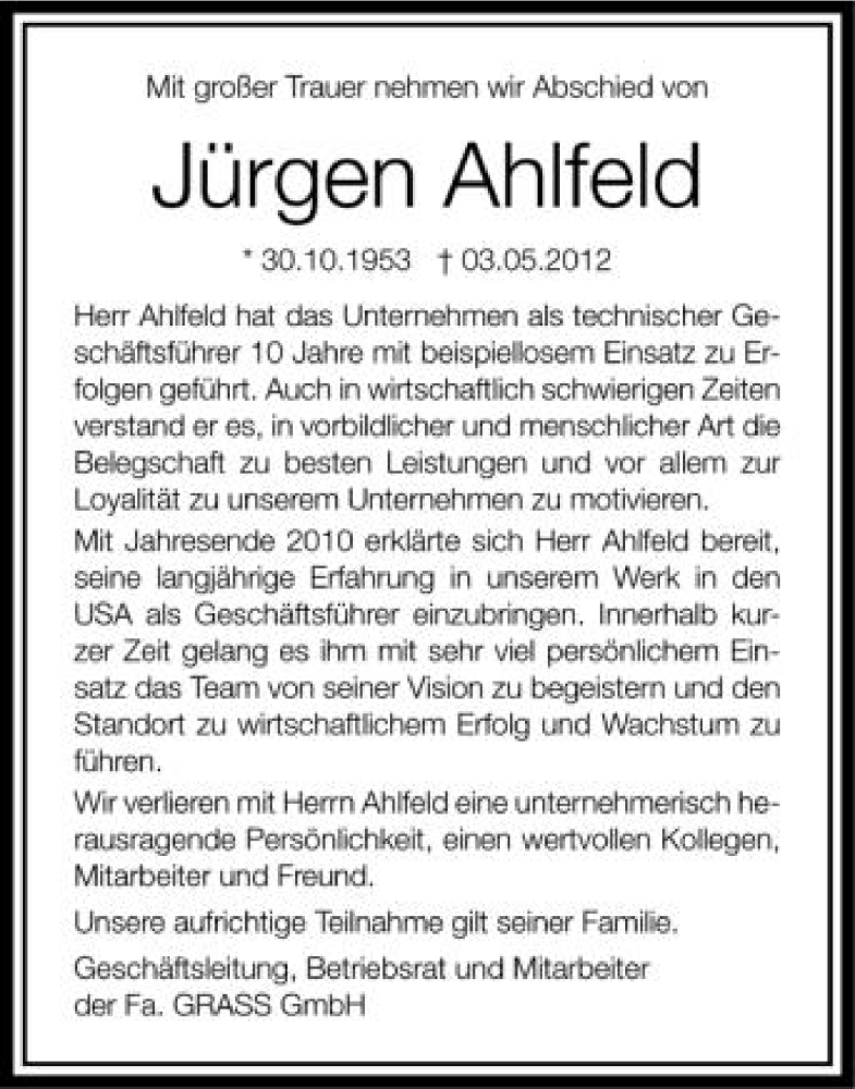  Traueranzeige für Jürgen Ahlfeld vom 15.05.2012 aus Schwäbische Zeitung