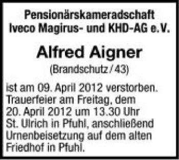 Anzeige von Alfred Aigner von Schwäbische Zeitung