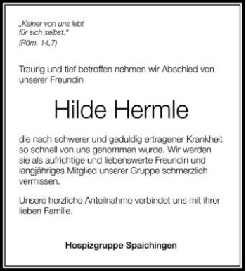 Anzeige von Hilde Hermle von Schwäbische Zeitung