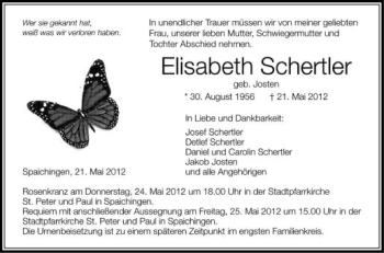 Anzeige von Elisabeth Schertler von Schwäbische Zeitung