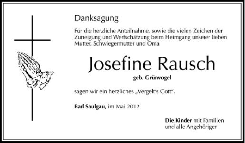  Traueranzeige für Josefine Rausch vom 10.05.2012 aus Schwäbische Zeitung