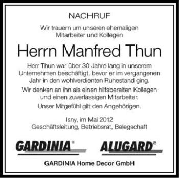 Anzeige von Manfred Thun von Schwäbische Zeitung