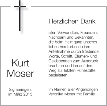 Anzeige von Kurt Moser von Schwäbische Zeitung