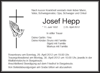 Anzeige von Josef Hepp von Schwäbische Zeitung