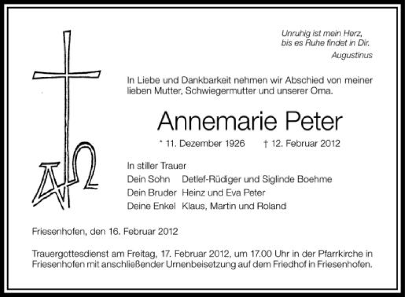  Traueranzeige für Annemarie Peter vom 16.02.2012 aus Schwäbische Zeitung