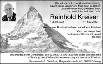Anzeige von Reinhold Kreiser von Schwäbische Zeitung