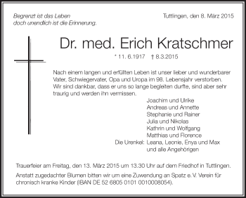 Anzeige von Erich Kratschmer von Schwäbische Zeitung