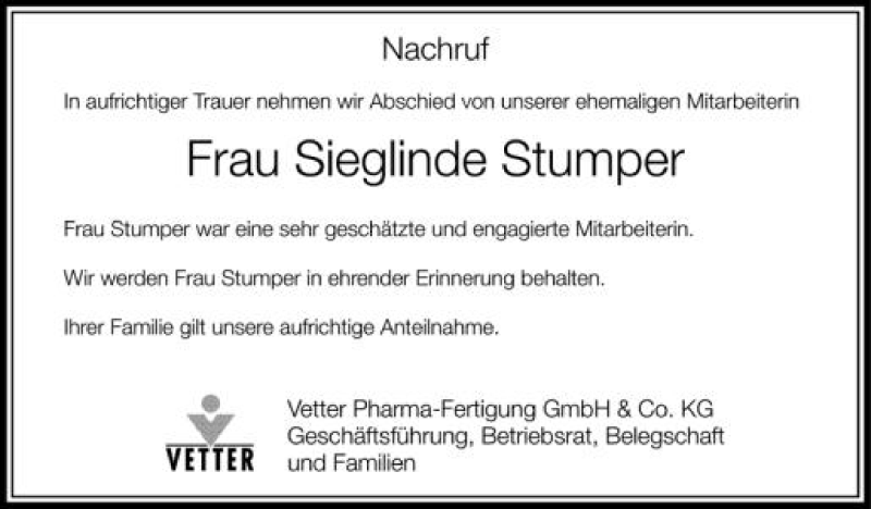  Traueranzeige für Sieglinde Stumper vom 25.10.2012 aus Schwäbische Zeitung