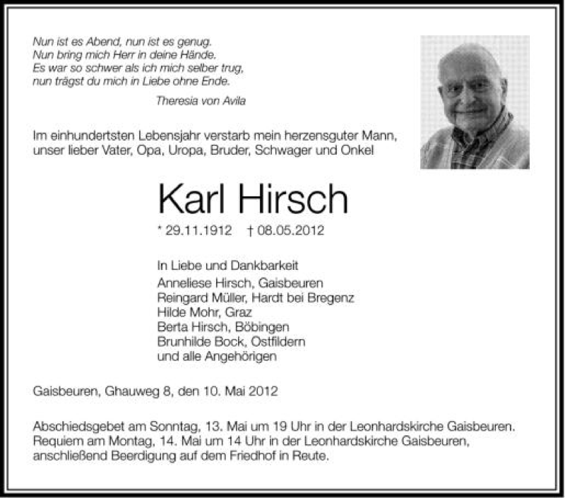  Traueranzeige für Karl Hirsch vom 12.05.2012 aus Schwäbische Zeitung