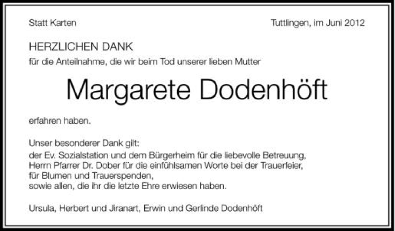  Traueranzeige für Margarete Dodenhöft vom 18.06.2012 aus Schwäbische Zeitung