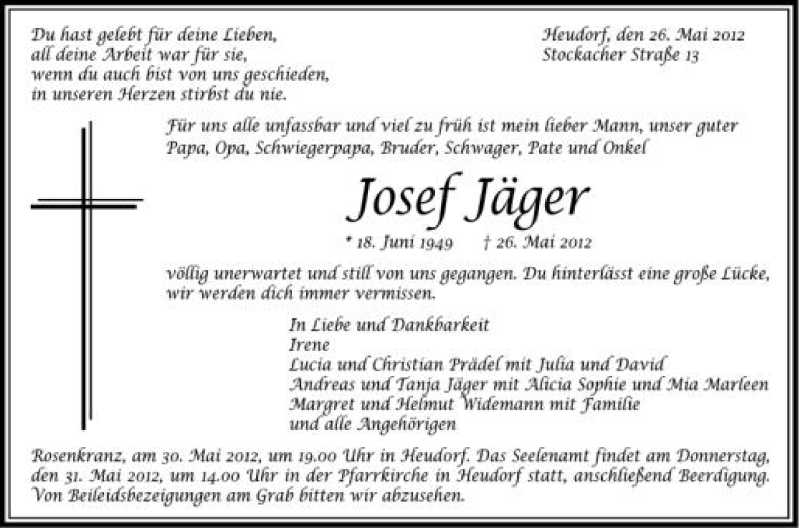  Traueranzeige für Josef Jäger vom 30.05.2012 aus Schwäbische Zeitung
