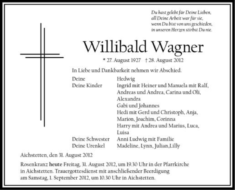  Traueranzeige für Willibald Wagner vom 31.08.2012 aus Schwäbische Zeitung
