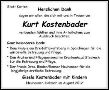 Anzeige von Kurt Kostenbader von Schwäbische Zeitung