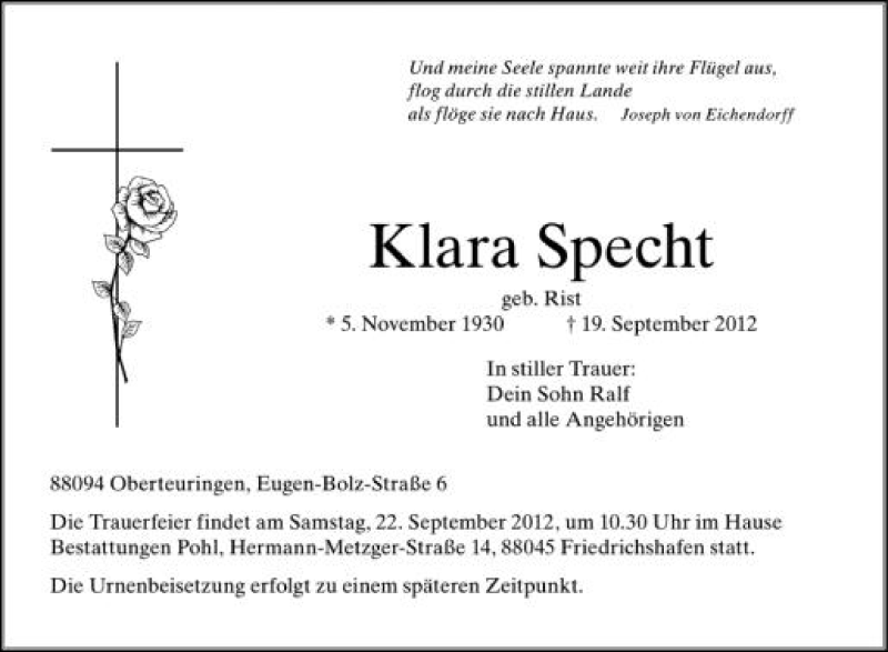  Traueranzeige für Klara Specht vom 21.09.2012 aus Schwäbische Zeitung