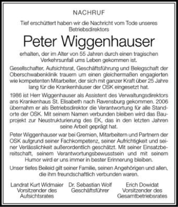 Anzeige von Peter Wiggenhauser von Schwäbische Zeitung