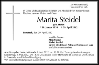 Anzeige von Marita Steidel von Schwäbische Zeitung