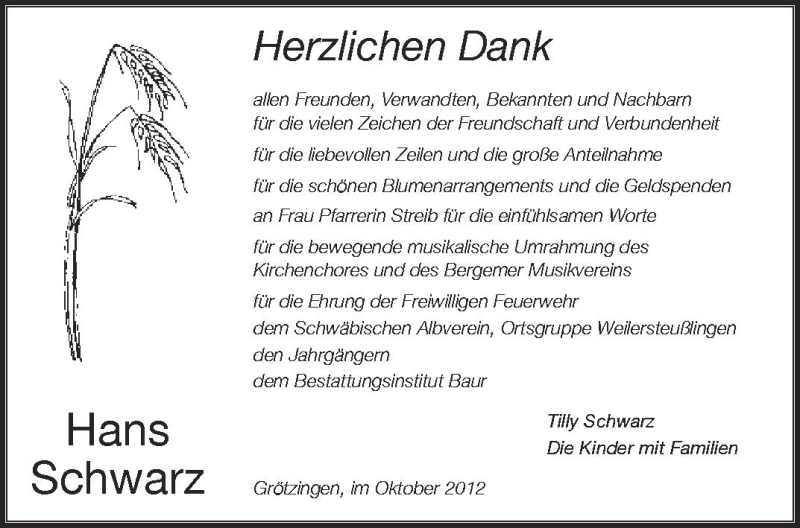  Traueranzeige für Hans Schwarz vom 13.10.2012 aus Schwäbische Zeitung