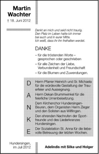 Anzeige von Martin Wachter von Schwäbische Zeitung