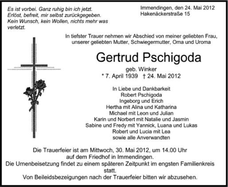 Traueranzeige für Gertrud Pschigoda vom 29.05.2012 aus Schwäbische Zeitung