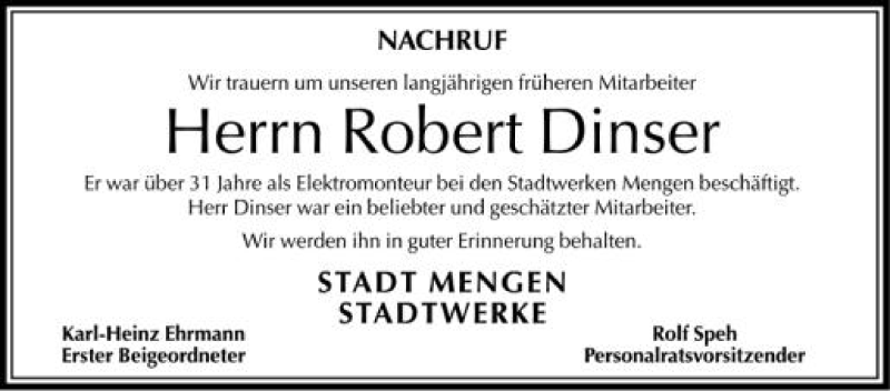  Traueranzeige für Robert Dinser vom 26.04.2012 aus Schwäbische Zeitung