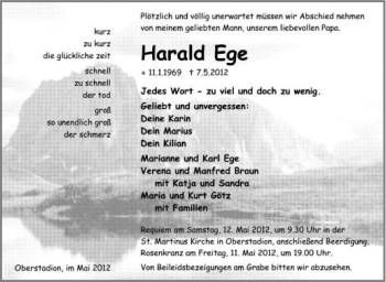 Anzeige von Harald Ege von Schwäbische Zeitung