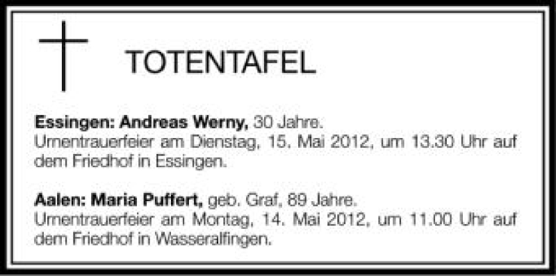  Traueranzeige für 6359479701  vom 12.05.2012 aus Schwäbische Zeitung