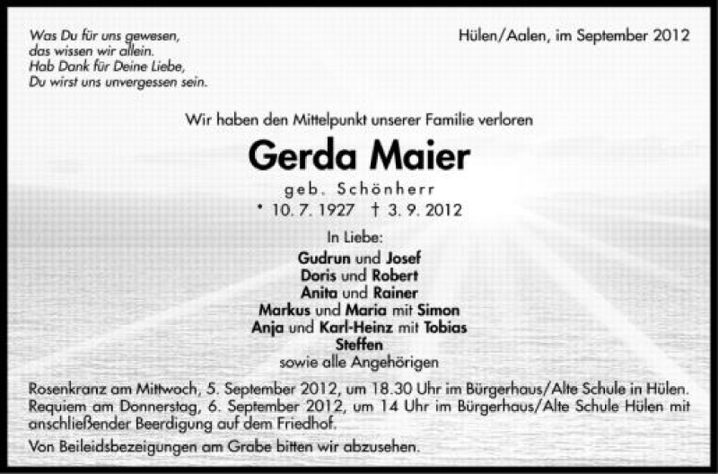  Traueranzeige für Gerda Maier vom 04.09.2012 aus Schwäbische Zeitung