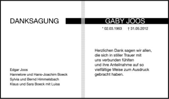 Anzeige von Gaby Joos von Schwäbische Zeitung
