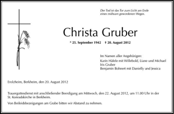 Anzeige von Christa Gruber von Schwäbische Zeitung