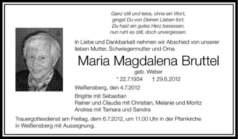  Traueranzeige für Maria Magdalena  Bruttel vom 04.07.2012 aus Schwäbische Zeitung