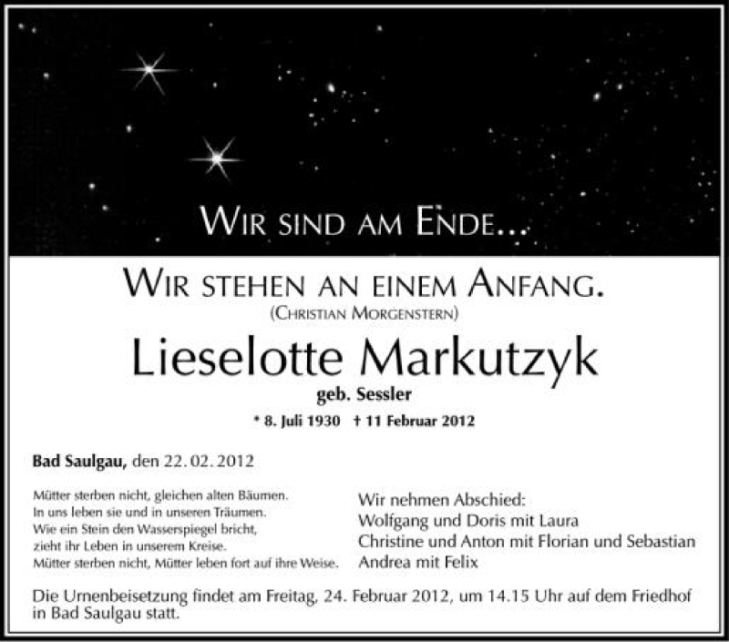  Traueranzeige für Lieselotte Markutzyk vom 22.02.2012 aus Schwäbische Zeitung