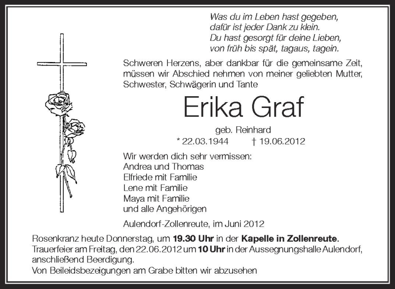  Traueranzeige für Erika Graf vom 21.06.2012 aus Schwäbische Zeitung