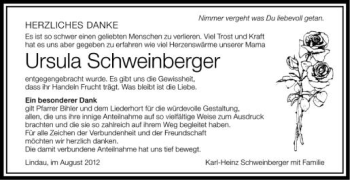 Anzeige von Ursula Schweinberger von Schwäbische Zeitung