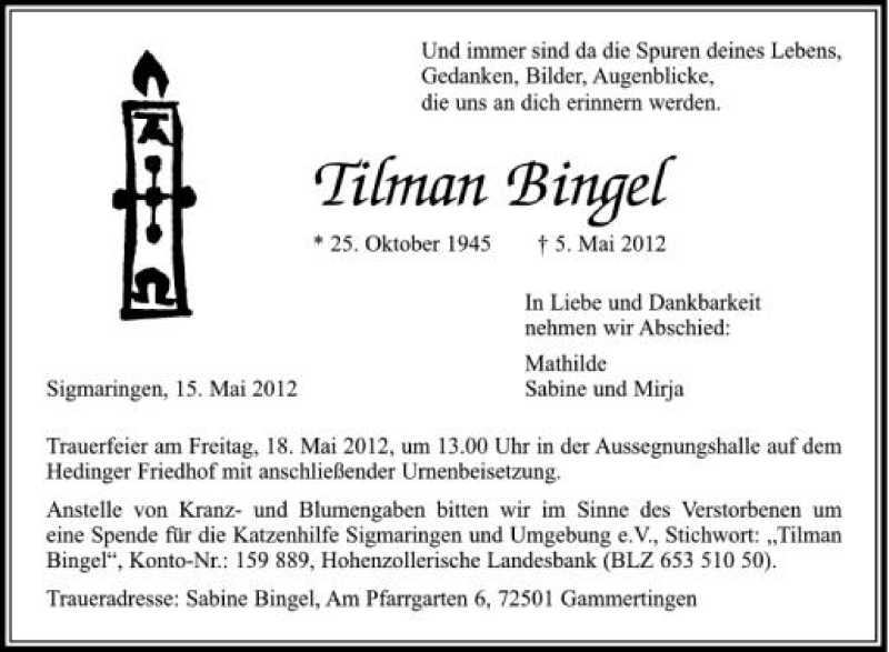  Traueranzeige für Tilman Bingel vom 15.05.2012 aus Schwäbische Zeitung