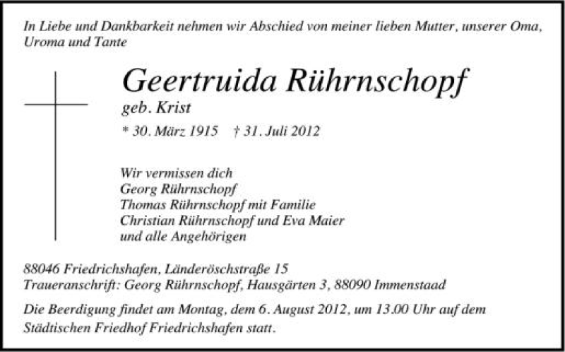  Traueranzeige für Geertruida Rührnschopf vom 03.08.2012 aus Schwäbische Zeitung