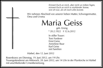 Anzeige von Maria Geiss von Schwäbische Zeitung