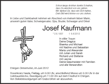 Anzeige von Josef Kaufmann von Schwäbische Zeitung